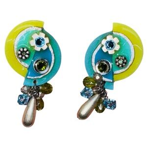 MAM VINTAGE 80s CLIP EARRINGS BRIGTH GREEN AND TURQUOISE COLOR MADE IN DALLAS TX